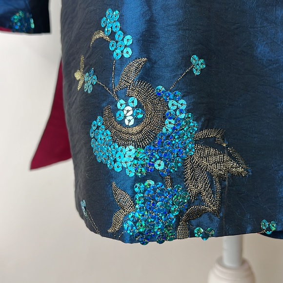 Vintage ANIS.A kimono cardigan blue, gold embroidery magenta lining M - Picture 5 of 11